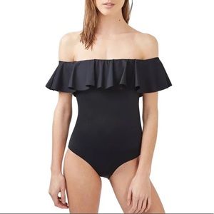 Topshop Black Ruffle Off shoulder Swimsuit